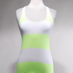 Lululemon Athletica Fluorescent Green White Striped Yoga Fitness Workout Top